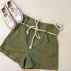 Topshop High Waist Stripe Rope Belt Denim Shorts in Green